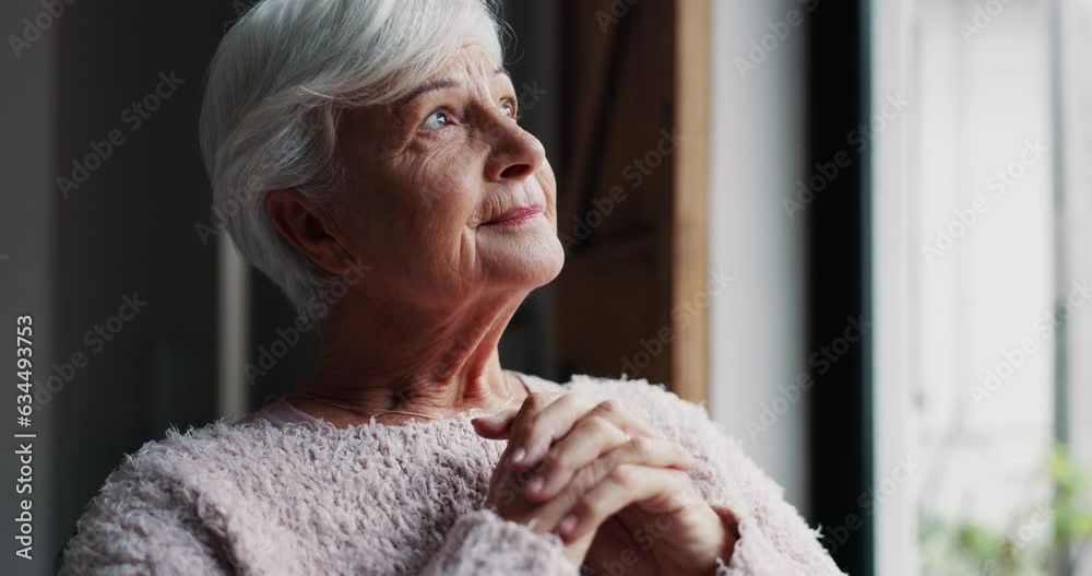 Senior woman, face and thinking by window in retirement for hope, dream or faith at old age home. Lonely elderly female person in wonder, decision or choice looking out glass at life, idea or support Senior woman, face and thinking by window in retirement for hope, dream or faith at old age home. Lonely elderly female person in wonder, decision or choice looking out glass at life, idea or support