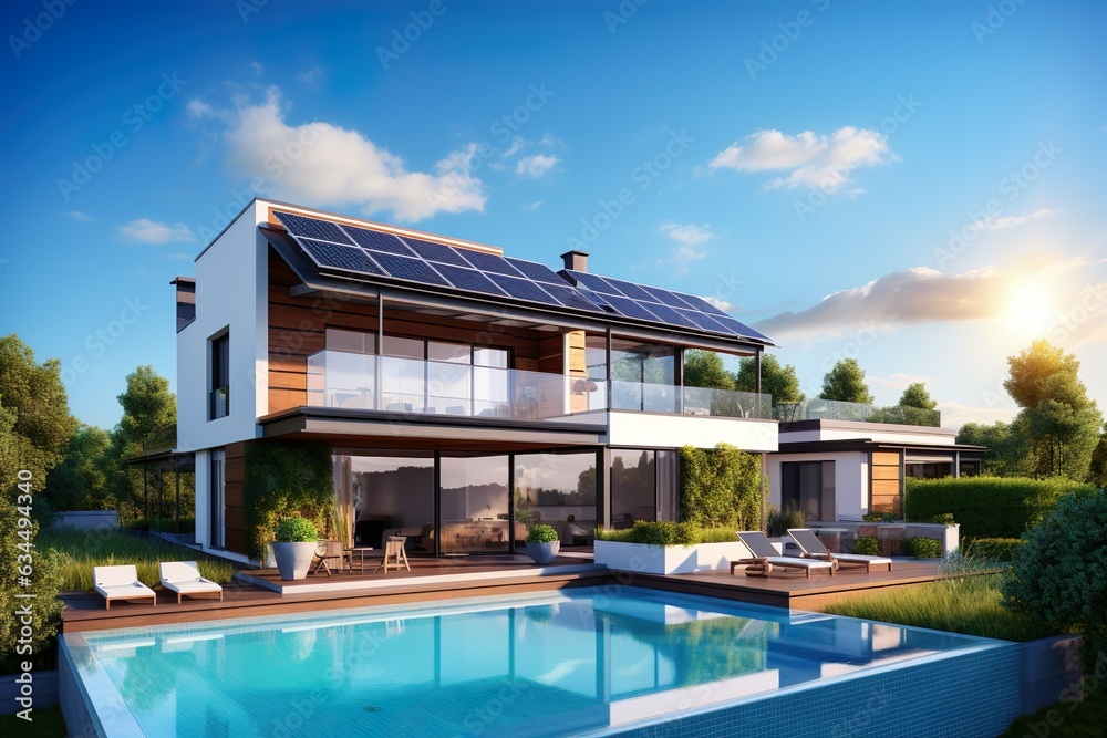 Beautiful modern house with solar panels. Clear sky, sun. | Generative AI
