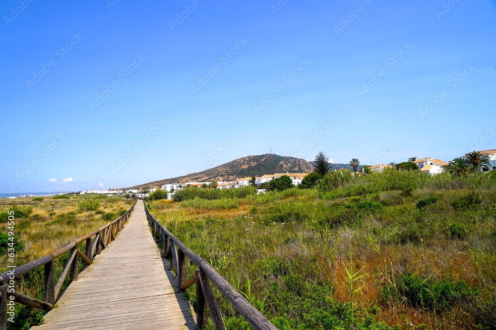 wooden walkway to access the beach through the dunes near Zahara de los Atunes, Costa de la Luz, Andalusia, Cádiz, Spain