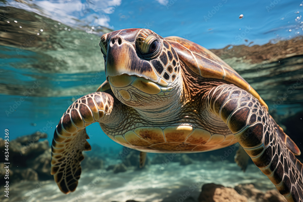 Fototapeta premium Hawaiian Green Sea Turtle gracefully swimming in the clear ocean waters, symbolizing tranquility and natural beauty. Generative Ai.