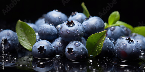 Fresh Blueberries with Droplets of Water and Leafs, Close-Up