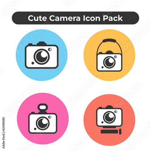 Set of White Cute Camera Icon on Blue Yellow Red Circle Background Pack with Body, Sling. Flash, and Tripod