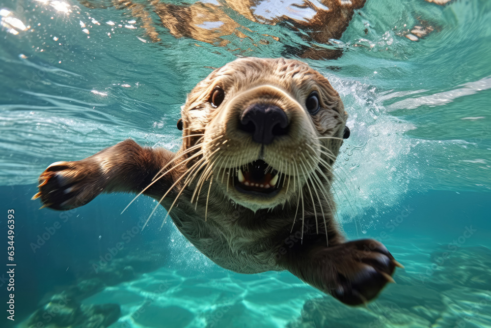 Fototapeta premium Adorable sight of a playful sea otter, gracefully frolicking underwater. Generative Ai, Ai.