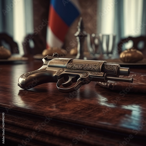 Russian pistol, weapon on the tbale near Russian flag. Generative Ai, Ai. photo