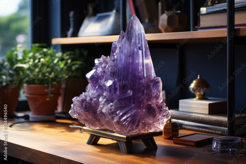 A beautiful amethyst geode glowing in the morning light, displayed on a wooden shelf in a gemstone store. Generative Ai. - obrazy, fototapety, plakaty 