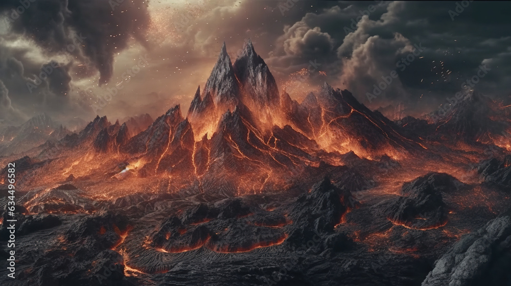 Dramatic volcanic landscapes . Fantasy concept , Illustration painting.