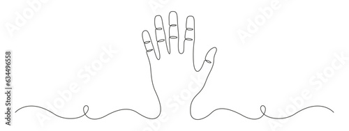 One continuous line drawing of palm of hand. Human arm in simple linear style for logo and card. Editable stroke. Doodle contour vector illustration