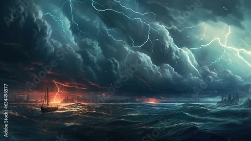 Dramatic thunderstorms over the ocean . Fantasy concept , Illustration painting.