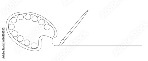 One continuous line drawing of brush and painting palette. Paintbrush symbol for creative and art school in simple linear style for logo and card. Editable stroke. Vector illustration