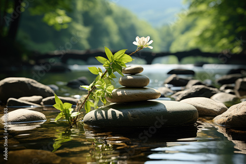 Zen stones pyramid placed on the surface of the water, with green leaves scattered around, creating a serene and peaceful scene. Generative Ai.