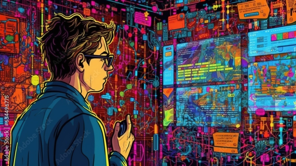 Naklejka premium Man at work, Distributed ledger technology (DLT) explained visually . Fantasy concept , Illustration painting.