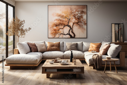Conveys the cosiness, social media, and sale concept through a 3D illustration of a modern, minimalistic living room interior.  Generative Ai. © Sebastian