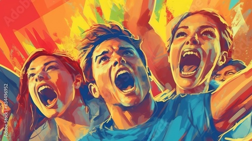 Ecstatic friends celebrating a sports victory . Fantasy concept , Illustration painting.