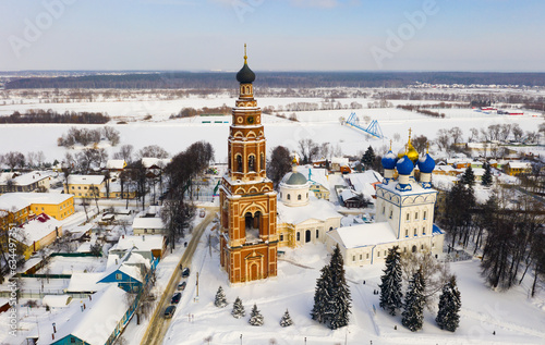 Aerial view of the Cathedral of the Archangel Michael and the bell tower in Bronnitsy in winter, Moscow region, Russia