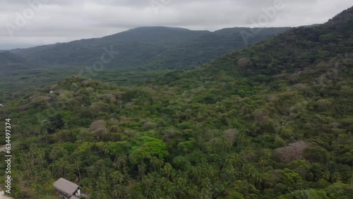 Colombian coastal serenity: aerial drone journey through Tyrona national park drone footage of nature shoreline