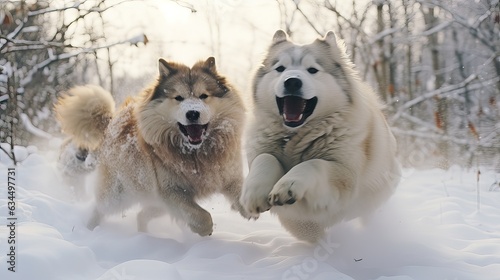 Joyous snow dogs frolic amidst winter's embrace, capturing the season's cold yet spirited essence. Generative AI