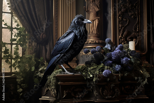 Gothic horror inspired image of a raven in Victorian setting, Generative AI.