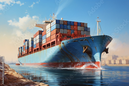 Illustration of a large container ship in the Suez canal, Generative AI.