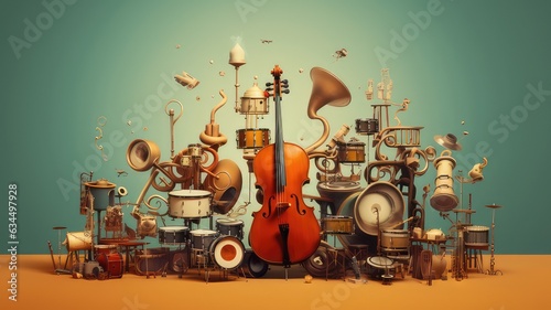 Various musical instruments coming together to create a harmonious symphony, symbolizing the power of collective effort in creating something beautiful