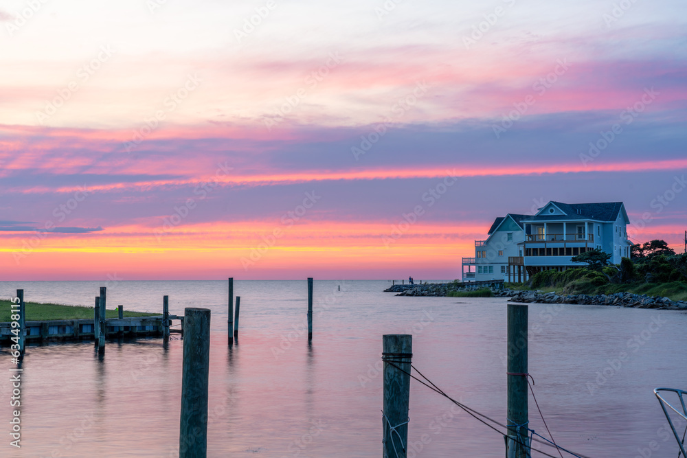 Sunset on the Pamlico Sound Seen from Avon North Carolina with Homes on the Water