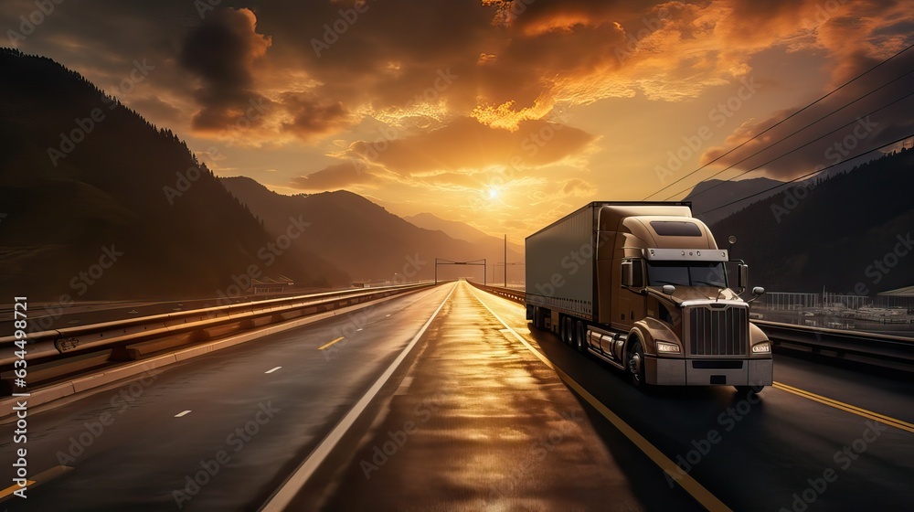 A large freight truck efficiently transporting goods, driving along a vast highway, showcasing the backbone of global commerce. Generative AI