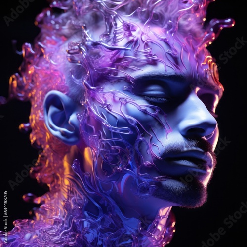 A person merged with technology. Glowing light, energy and fire surround them. Generative AI. 