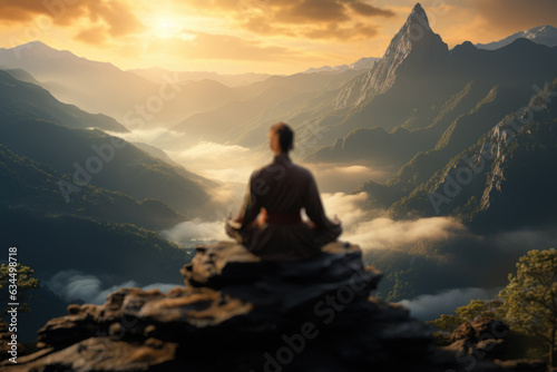 A person practicing yoga on a scenic mountaintop. Generative Ai. © Sebastian