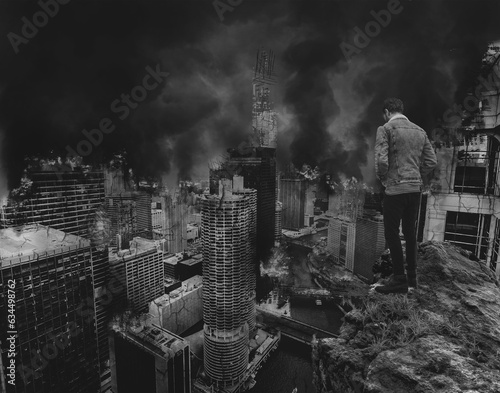 Man overlooking destruction of a city