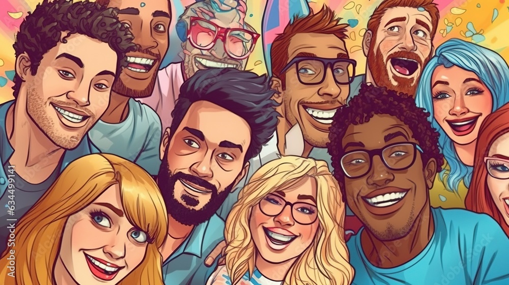 Diverse group of people celebrating a birthday party . Fantasy concept , Illustration painting. Diverse group of people celebrating a birthday party . Fantasy concept , Illustration painting.
