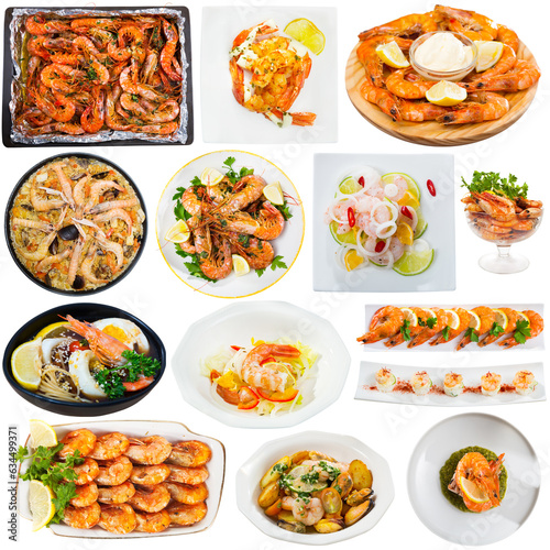 Set of various plates of tasty shrimp dishes with sauces isolated on white background