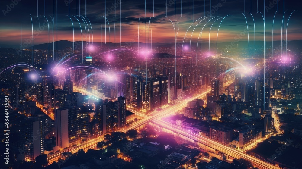 Wi-Fi waves enveloping a cityscape, highlighting the pervasive nature of wireless connectivity in urban environments