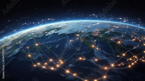 Satellites orbiting the Earth, beaming signals across the globe, illustrating the expansive reach of telecommunications networks photo
