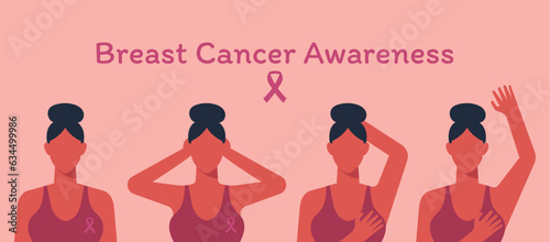 Breast Cancer Awareness Concept with Women Navigating Detection and Diagnosis through Self-Examination, Vector Flat Illustration