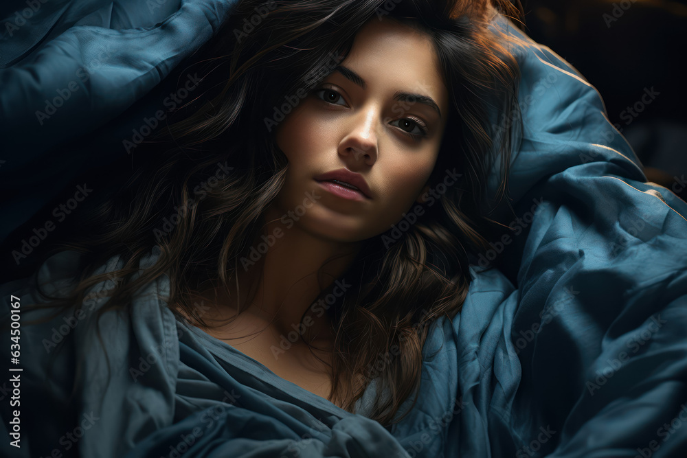 Naklejka premium Cute woman wearing pajamas falling asleep on blue background. Generative Ai.