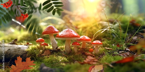 Autumn forest mushrooms on field ,Rowan berry branch,morning dew water drops and grass,yellow leaves ,rainy season