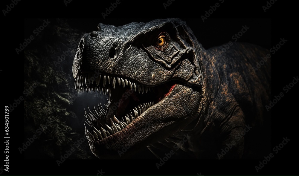 Fototapeta premium The head of dinosaur in the dark background