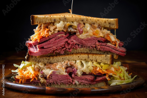 A delicious and savory stacked club sandwich on rye bread with layers of pastrami, corned beef, Swiss cheese, coleslaw, and Russian dressing, perfect for a satisfying lunch or meal.