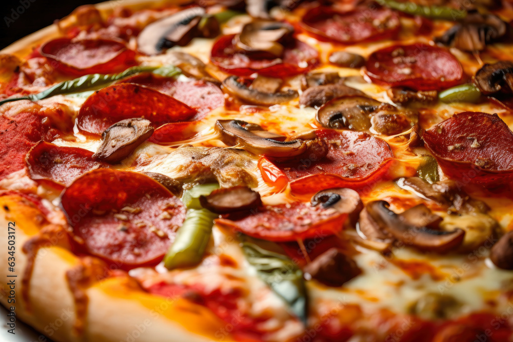 Fresh out of the oven, a close-up of a sizzling homemade pizza with pepperoni, mushrooms, and green peppers, ready to be devoured. Fresh out of the oven, a close-up of a sizzling homemade pizza with pepperoni, mushrooms, and green peppers, ready to be devoured.