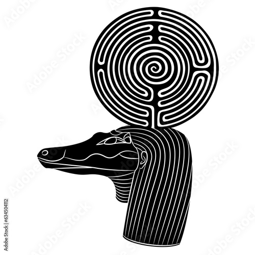 Head of ancient Egyptian crocodile god Sebek or Sobek holding a round spiral maze or labyrinth symbol. Creative mythological concept. Black and white silhouette.