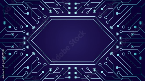 Electrical circuit board with hexagon frame. Animation video template with copy space for text suitable for business, technology presentation etc
