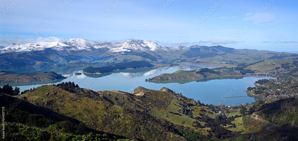Lyttelton Harbour Winter Panorama with Snow on Mount Herbert, Christchurch Lyttelton Harbour Winter Panorama with Snow on Mount Herbert, Christchurch