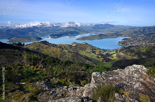 Lyttelton Harbour Winter Panorama with Snow on Mount Herbert, Christchurch photo