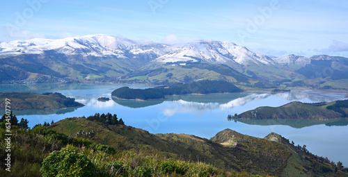 Lyttelton Harbour Winter Panorama with Snow on Mount Herbert, Christchurch photo