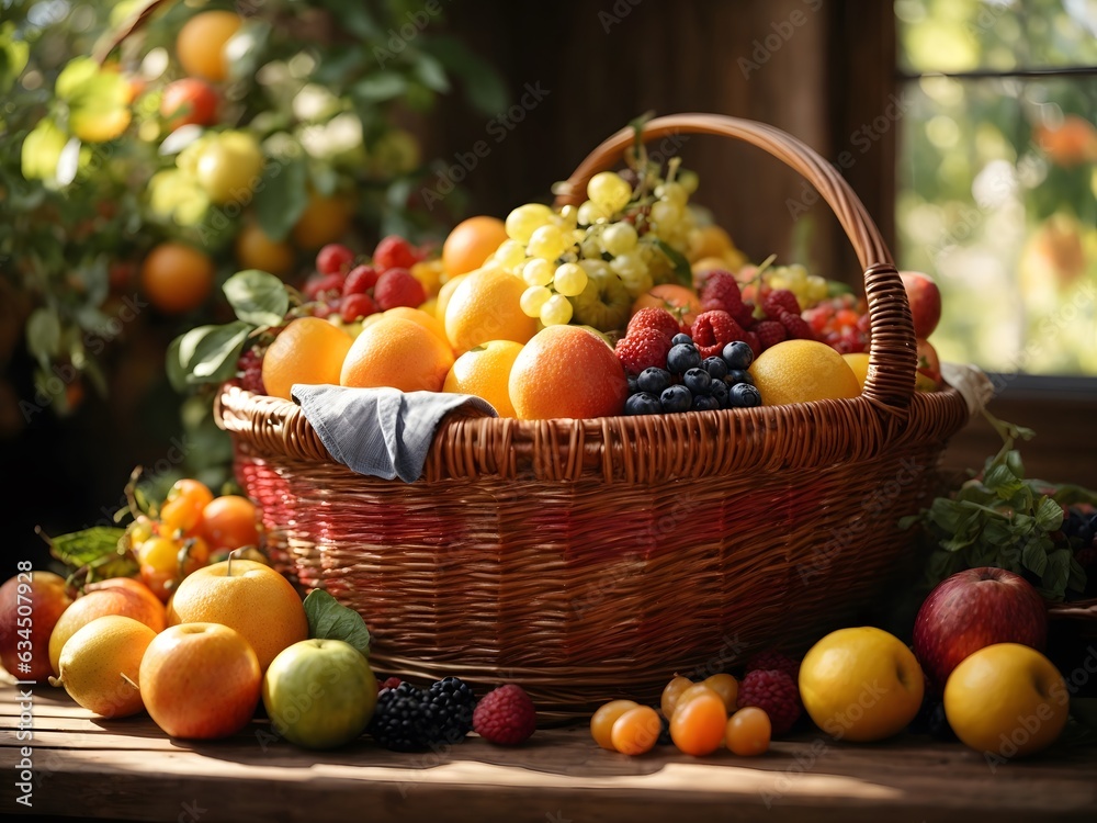 Fruit basket on a wooden table by the window