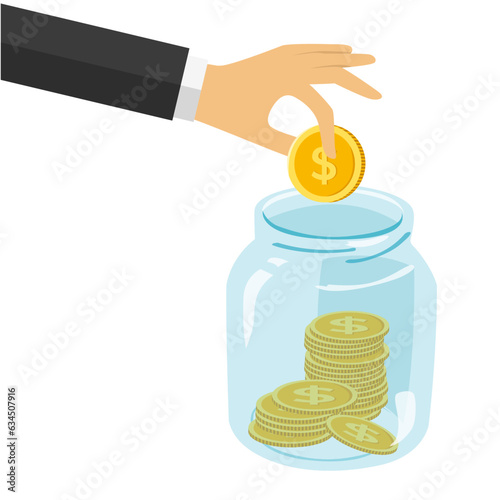 hand putting money into a glass jar