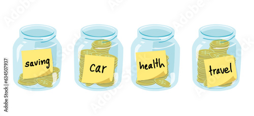 glass jar with money and different sticky notes according to the purposes of spending