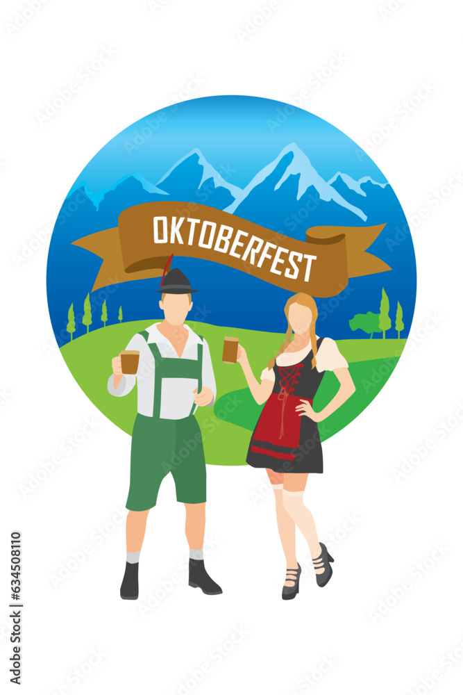 Couple wearing traditional clothes drink beer for oktoberfest on mountain and hill background. Vector Illustration. 