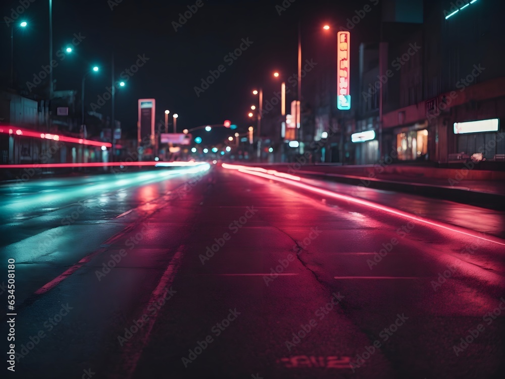 Empty asphalt road at night with neon lights