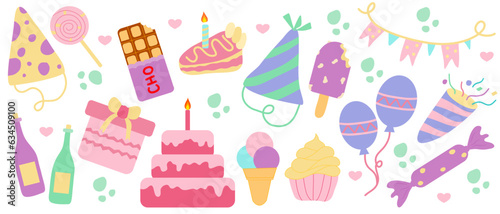Set of birthday party decoration vector illustration. Hand drawn style illustration. 