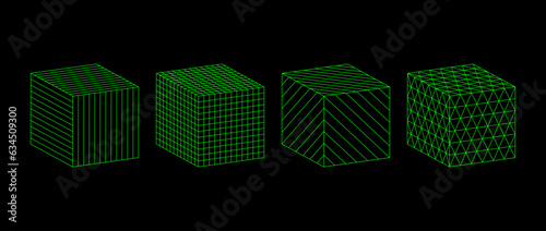 Neon green wireframe cubes collection. 3d outline shapes with different grid patterns. Geometric square elements for design template, icon, logo. Abstract box with lattice lines. Vector illustration photo